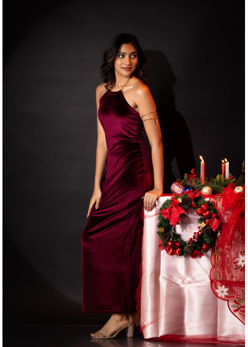 ALIZA HALTER NECK MAROON LONG DRESS